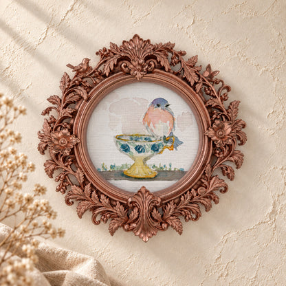 Bluebird on a Teal Teacup round framed art print, rose gold baroque frame
