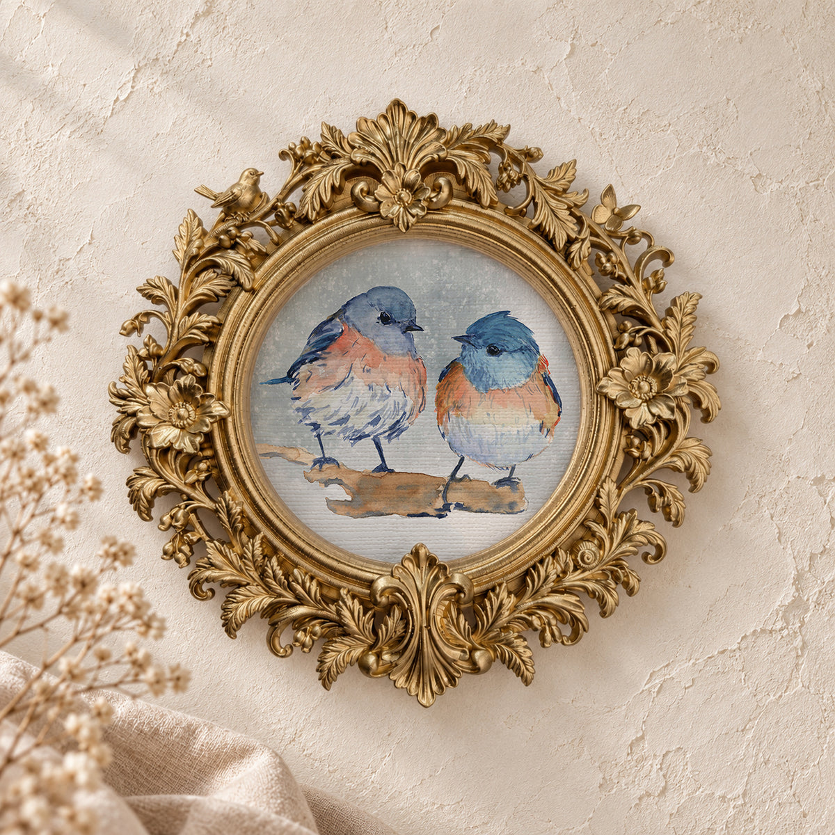 Bluebirds on a Snowy Branch round framed art print, gold baroque frame
