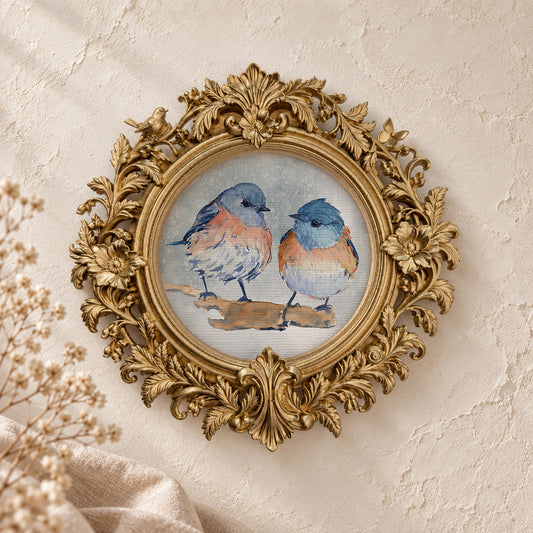 Bluebirds on a Snowy Branch round framed art print, gold baroque frame