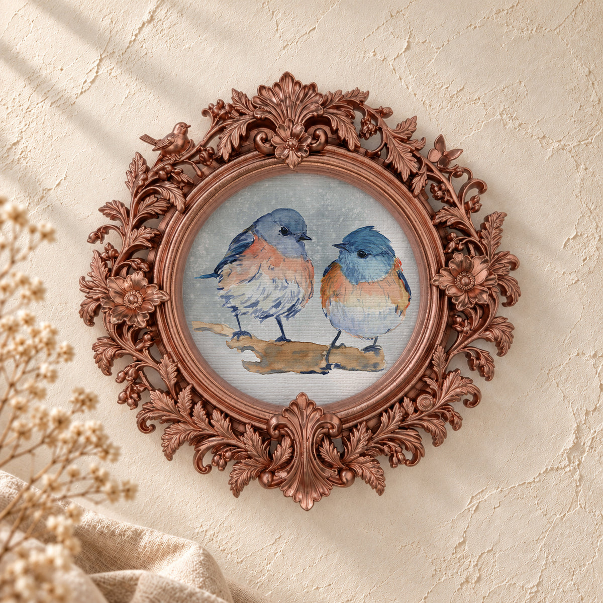 Bluebirds on a Snowy Branch round framed art print, rose gold baroque frame