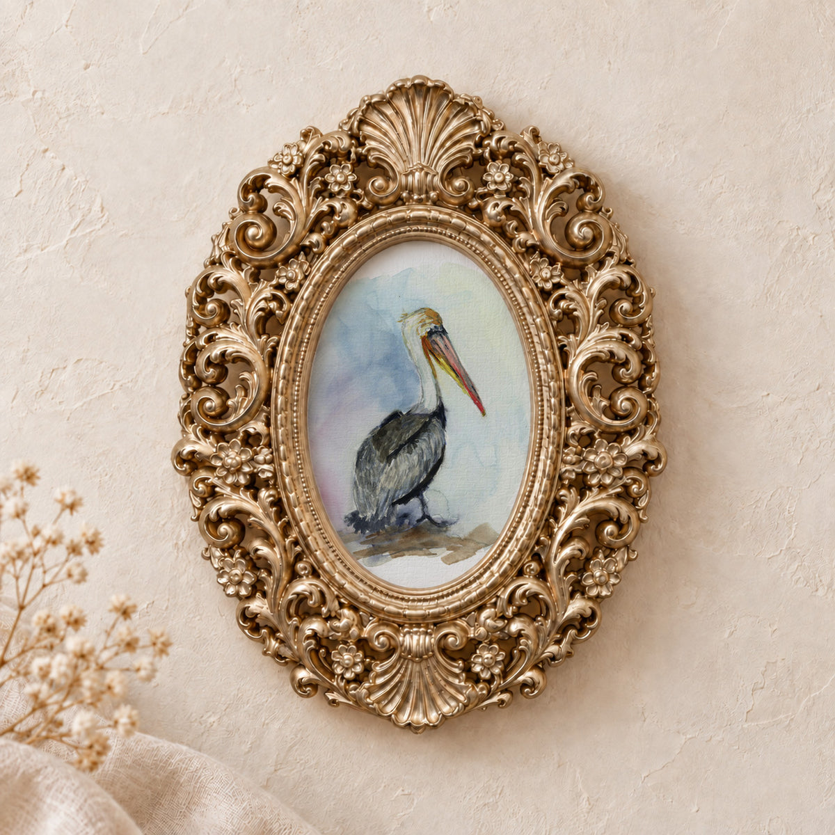 Brown Pelican framed art print, gold baroque frame