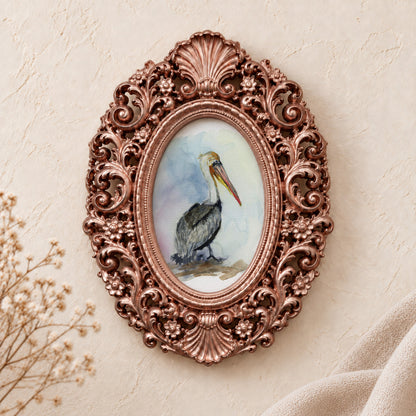 Brown Pelican framed art print, rose gold baroque frame