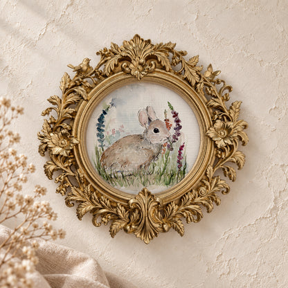 Bunny and Flowers round framed art print, gold baroque frame