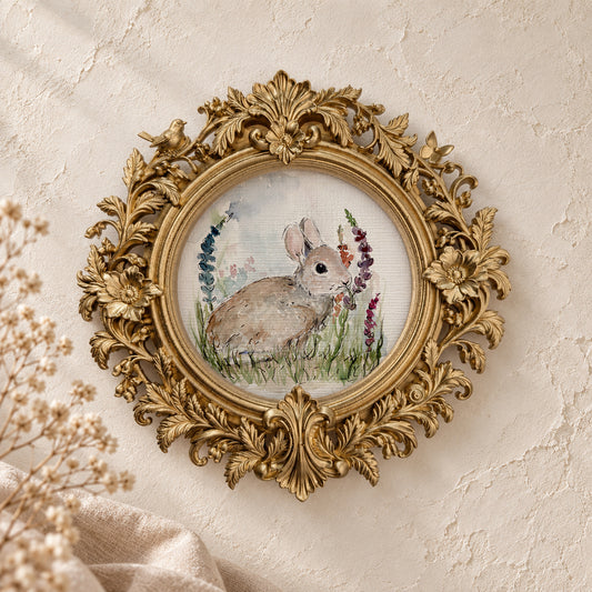 Bunny and Flowers round framed art print, gold baroque frame