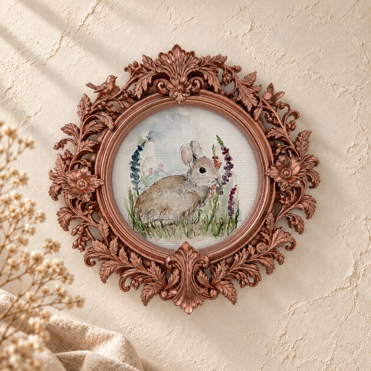 Bunny and Flowers round framed art print, rose gold baroque frame