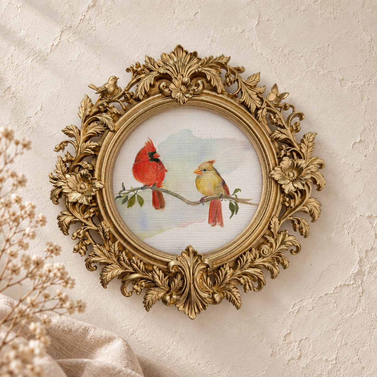 Cardinal Pair round framed art print, gold baroque frame