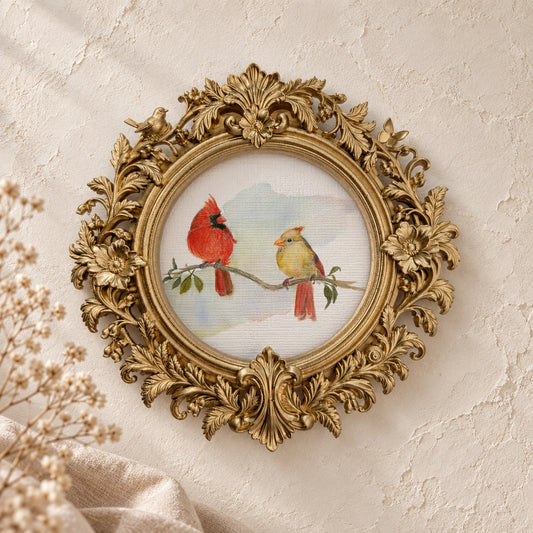 Cardinal Pair round framed art print, gold baroque frame