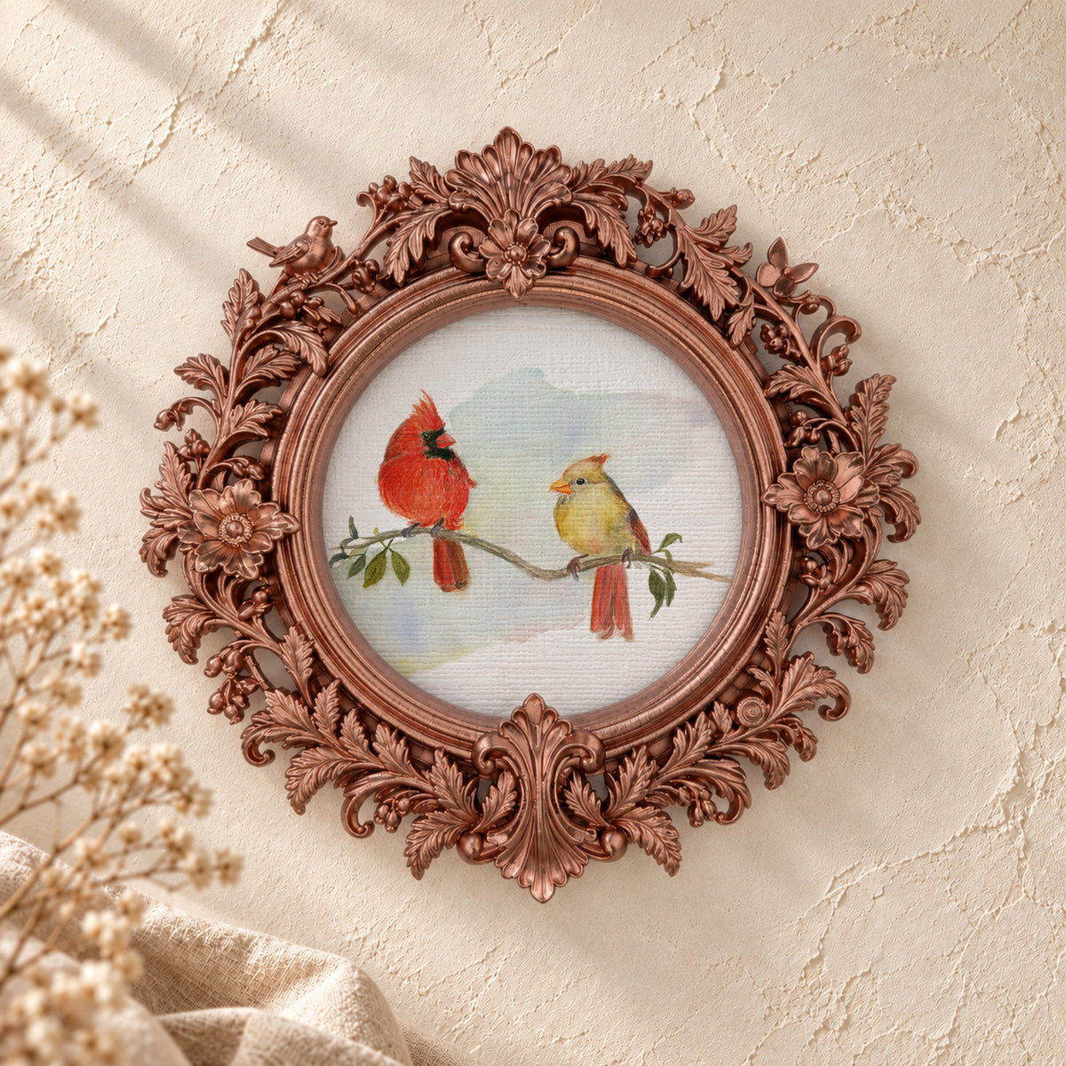 Cardinal Pair round framed art print, rose gold baroque frame