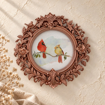 Cardinal Pair round framed art print, rose gold baroque frame