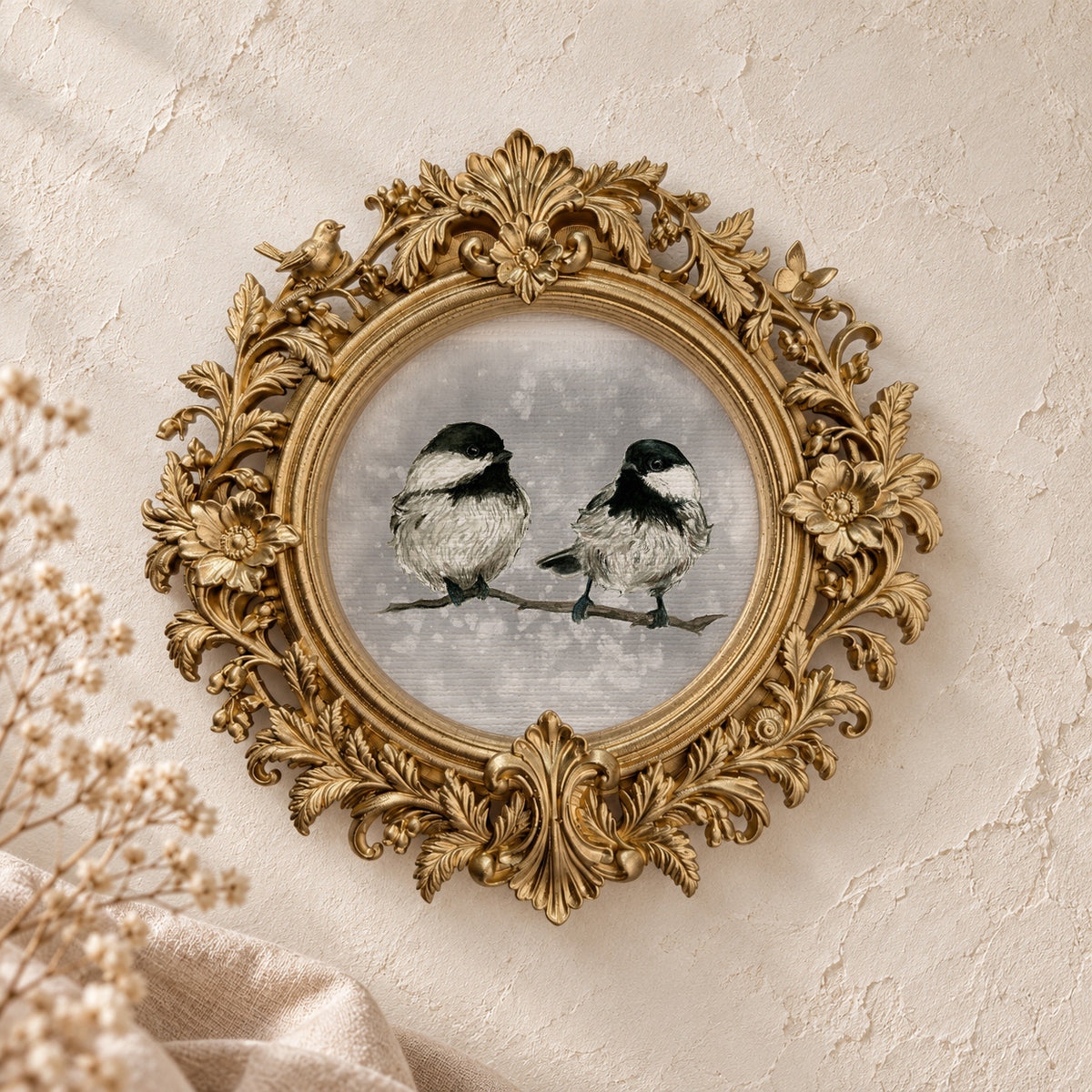 Cardinal and Chickadee on a Branch round framed art print, gold baroque frame