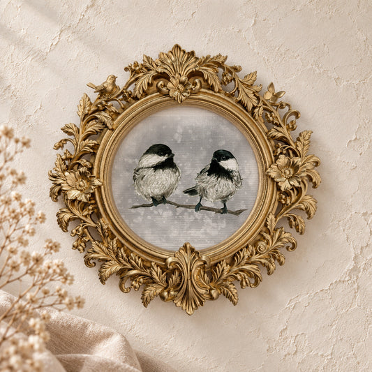 Cardinal and Chickadee on a Branch round framed art print, gold baroque frame