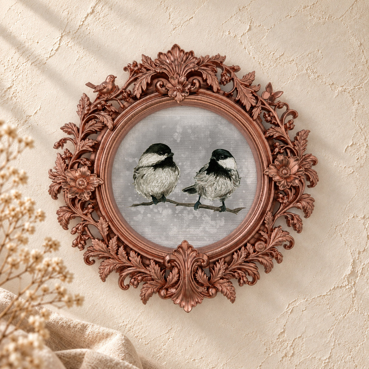 Cardinal and Chickadee on a Branch round framed art print, rose gold baroque frame