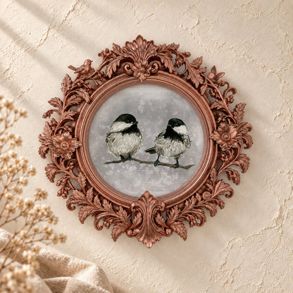 Cardinal and Chickadee on a Branch round framed art print, rose gold baroque frame