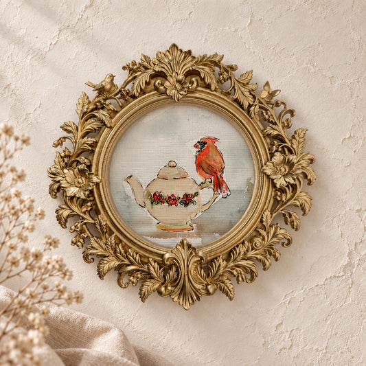 Cardinal and Teapot round framed art print, gold baroque frame