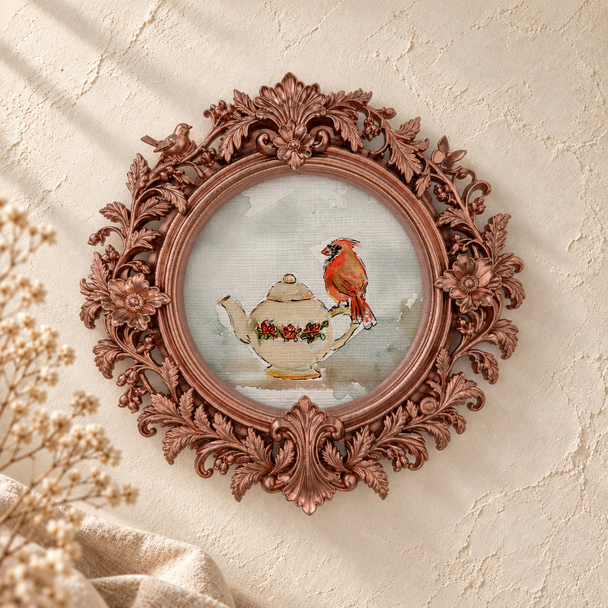 Cardinal and Teapot round framed art print, rose gold baroque frame
