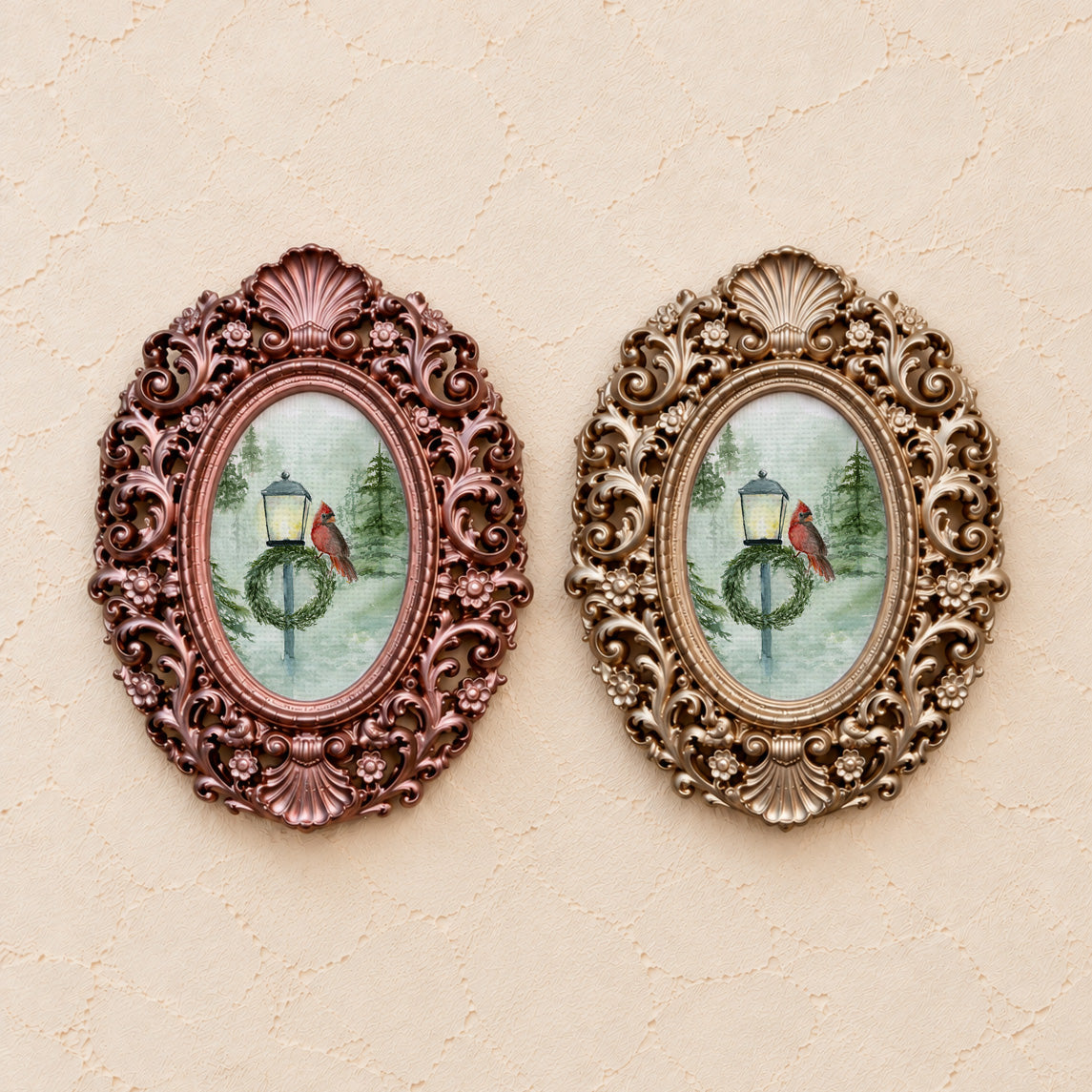 Cardinal at the Lamppost, gold and rose gold side by side