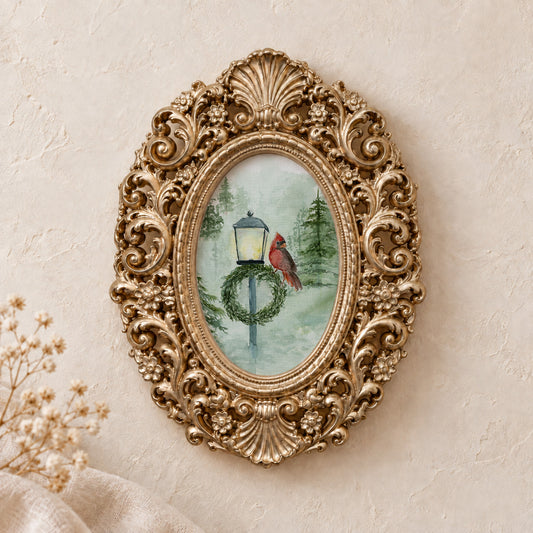 Cardinal at the Lamppost framed art print, gold baroque frame