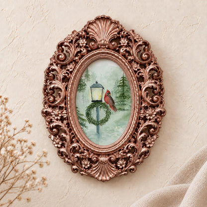 Cardinal at the Lamppost framed art print, rose gold baroque frame