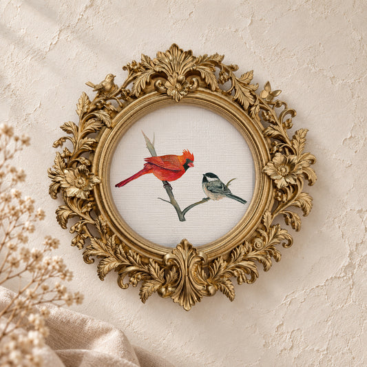 Cardinals on a Winter Branch round framed art print, gold baroque frame