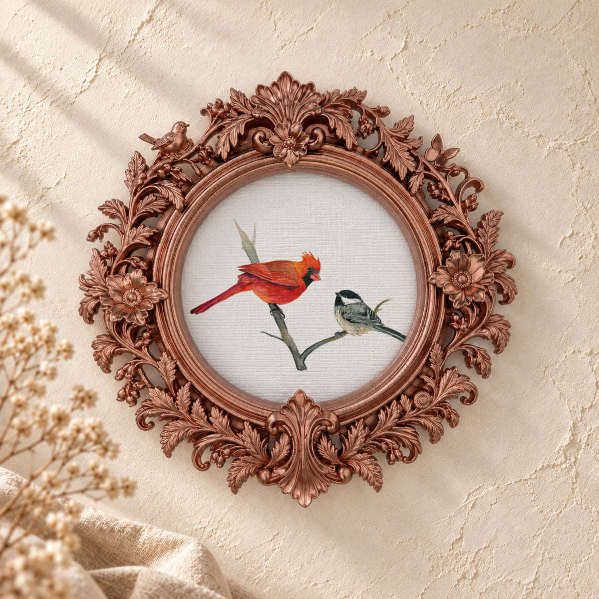 Cardinals on a Winter Branch round framed art print, rose gold baroque frame