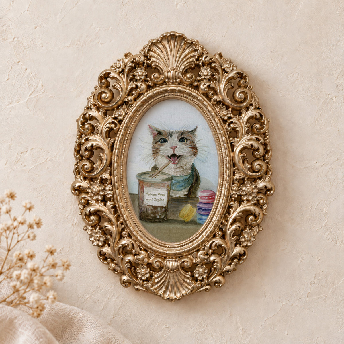 Cat with Iced Coffee framed art print, gold baroque frame
