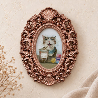 Cat with Iced Coffee framed art print, rose gold baroque frame