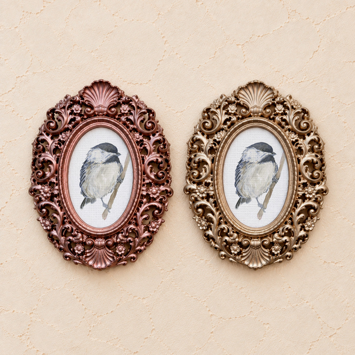 Chickadee on a Branch, gold and rose gold side by side