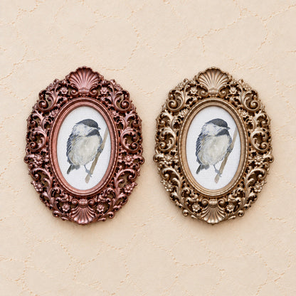 Chickadee on a Branch, gold and rose gold side by side