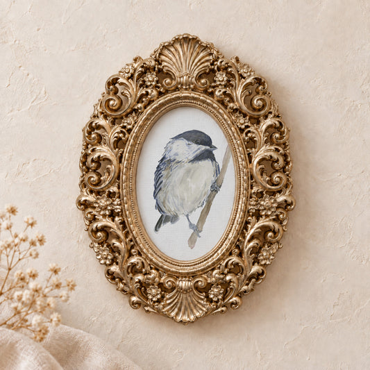 Chickadee on a Branch framed art print, gold baroque frame