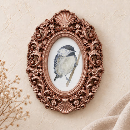 Chickadee on a Branch framed art print, rose gold baroque frame