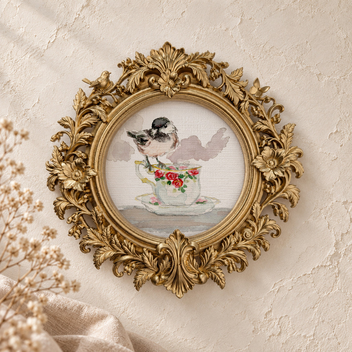 Chickadee on a Floral Teacup round framed art print, gold baroque frame