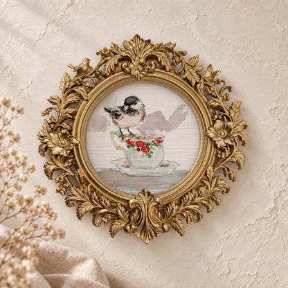 Chickadee on a Floral Teacup round framed art print, gold baroque frame