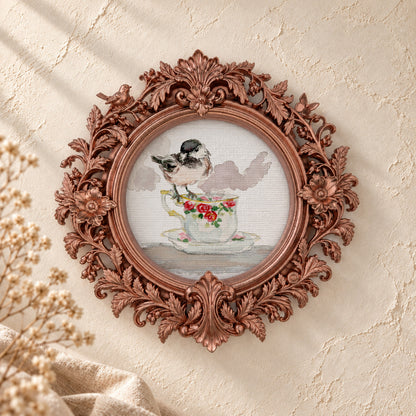 Chickadee on a Floral Teacup round framed art print, rose gold baroque frame