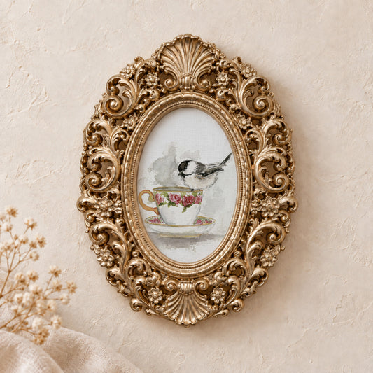 Chickadee on a Rose Teacup framed art print, gold baroque frame