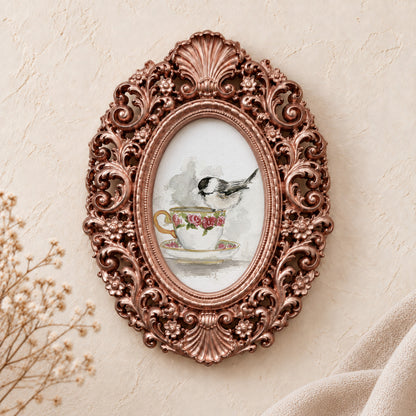 Chickadee on a Rose Teacup framed art print, rose gold baroque frame