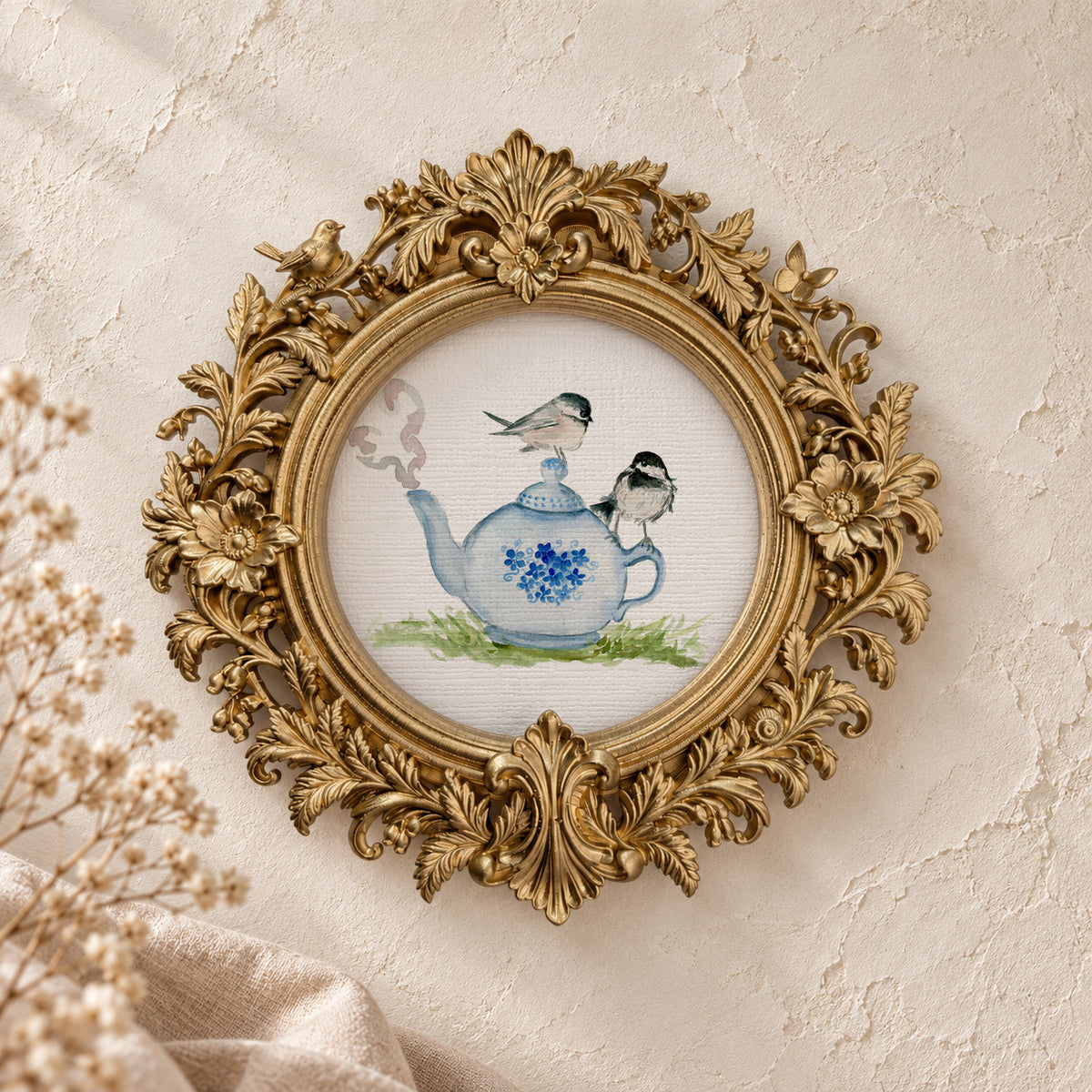 Chickadee on a Teapot round framed art print, gold baroque frame