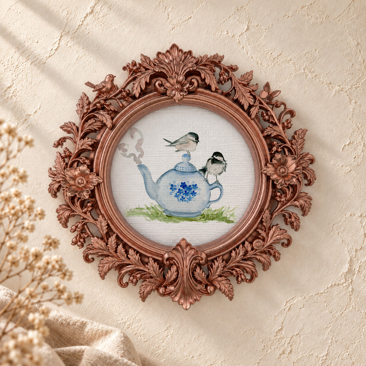 Chickadee on a Teapot round framed art print, rose gold baroque frame