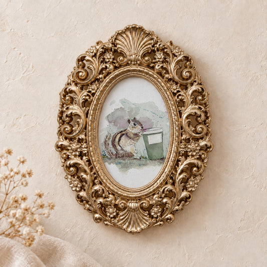 Chipmunk on a Coffee Break framed art print, gold baroque frame