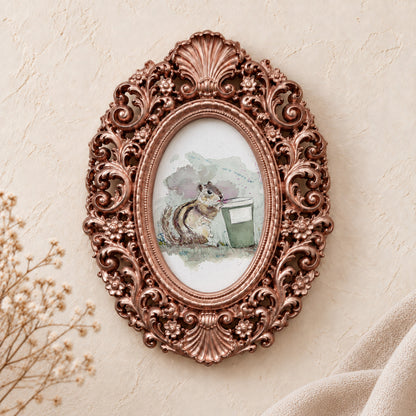 Chipmunk on a Coffee Break framed art print, rose gold baroque frame