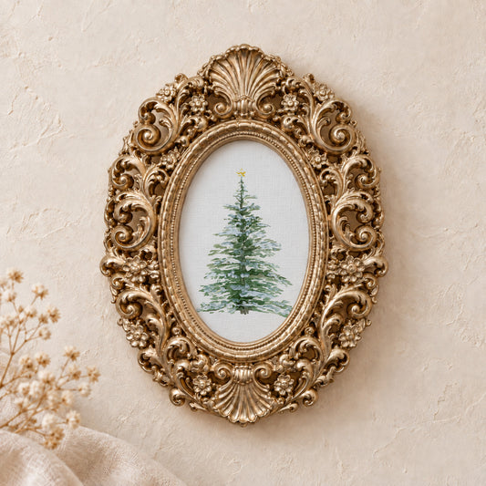 Christmas Tree framed art print, gold baroque frame