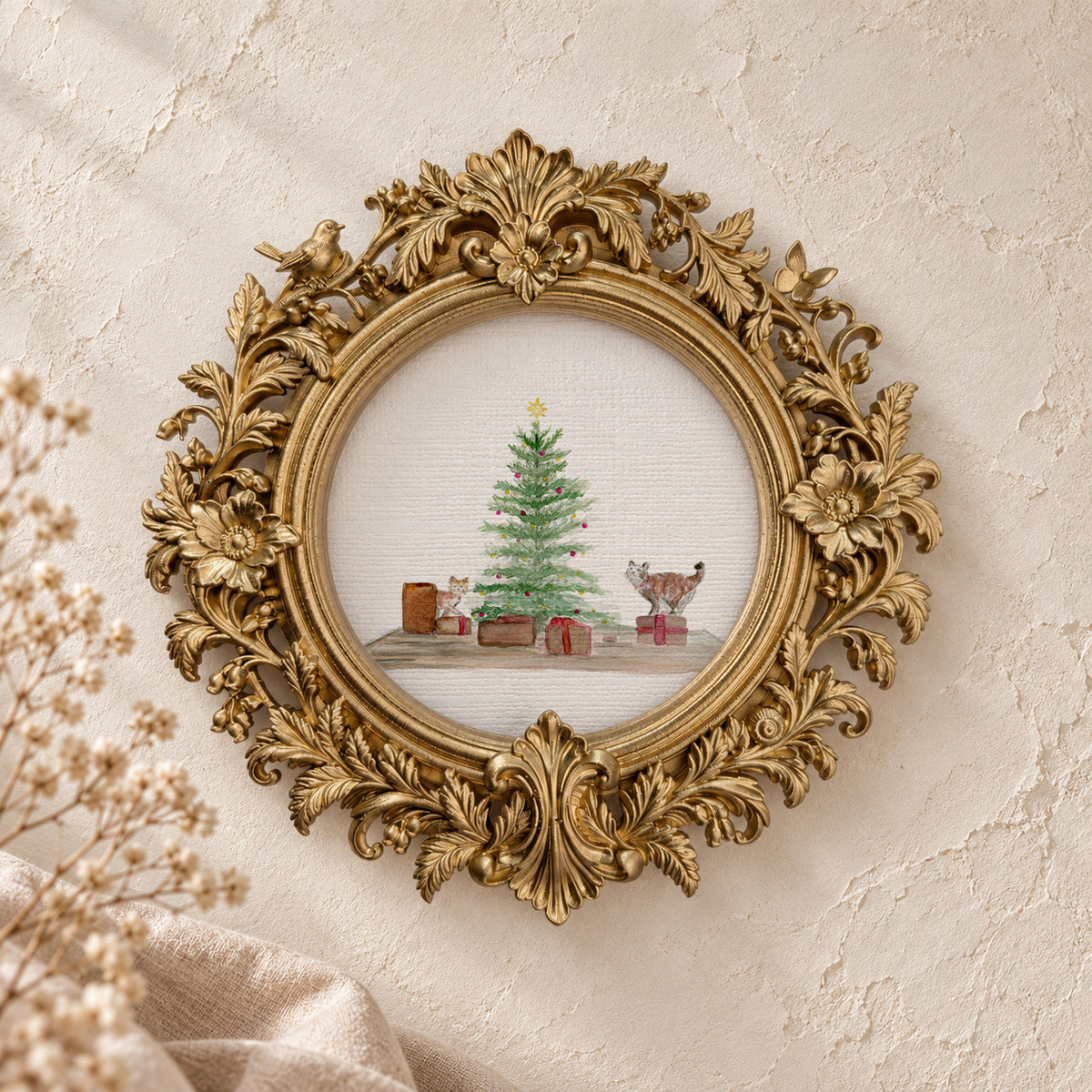 Christmas Tree, Presents, and Cat round framed art print, gold baroque frame