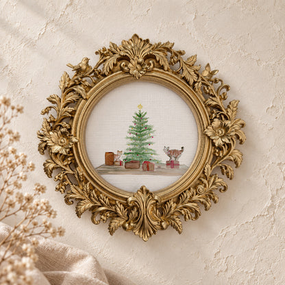 Christmas Tree, Presents, and Cat round framed art print, gold baroque frame
