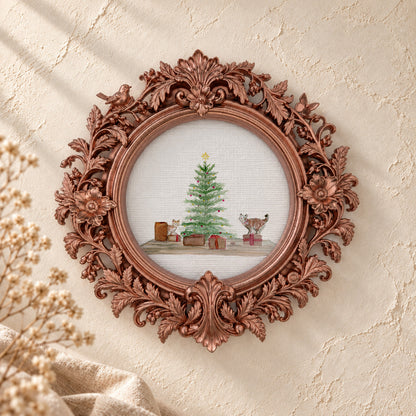 Christmas Tree, Presents, and Cat round framed art print, rose gold baroque frame