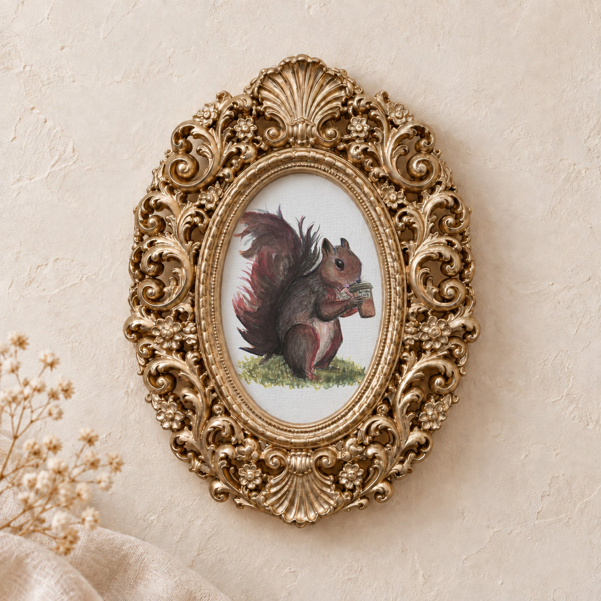 Coffee Drinking Squirrel framed art print, gold baroque frame