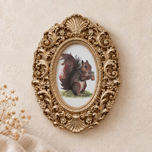 Coffee Drinking Squirrel framed art print, gold baroque frame