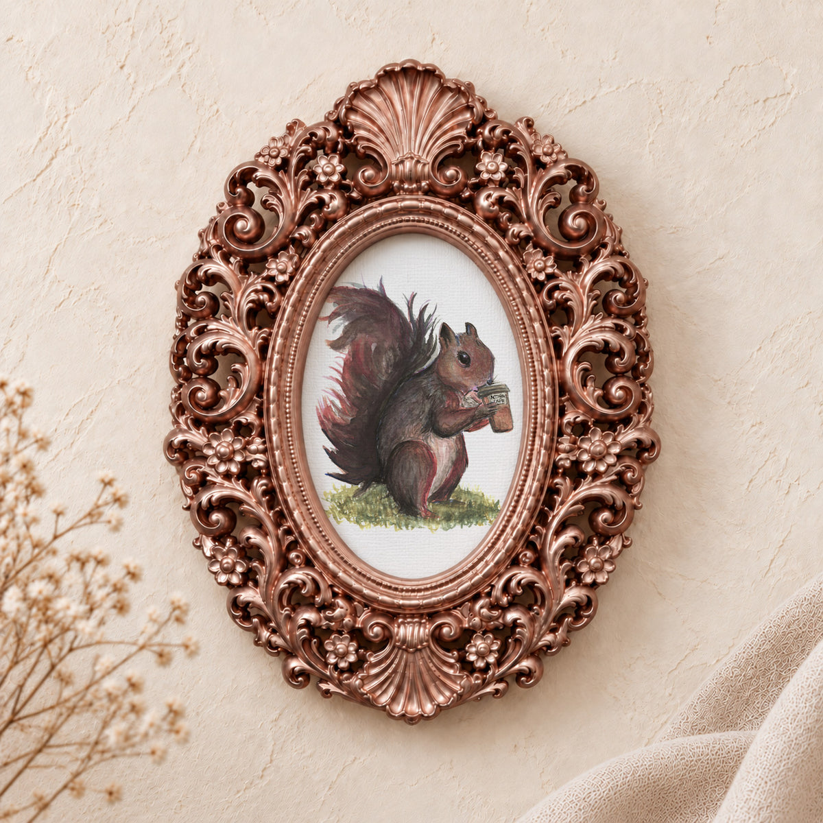 Coffee Drinking Squirrel framed art print, rose gold baroque frame