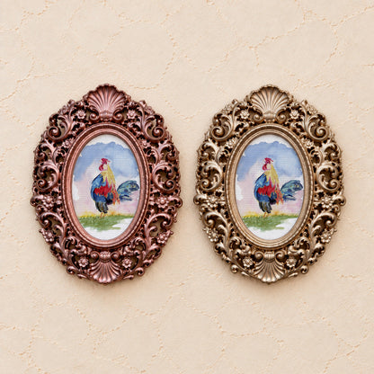 Colorful Rooster, gold and rose gold side by side