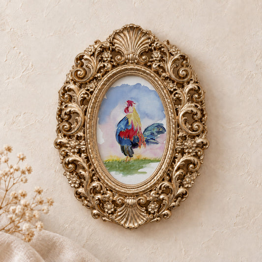 Colorful Rooster framed art print, gold baroque frame