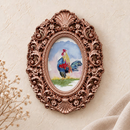 Colorful Rooster framed art print, rose gold baroque frame