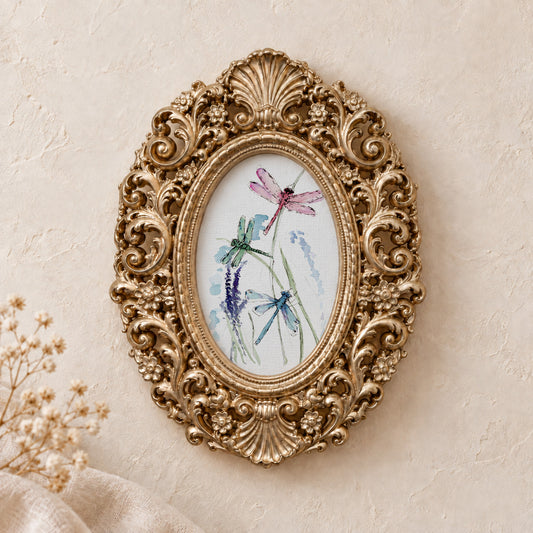 Dragonflies in the Garden framed art print, gold baroque frame